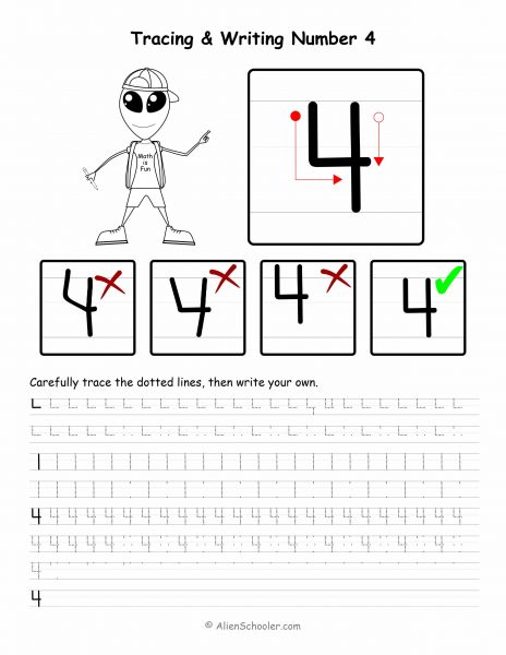 Number 4 Tracing Worksheet, Number 4 Formation