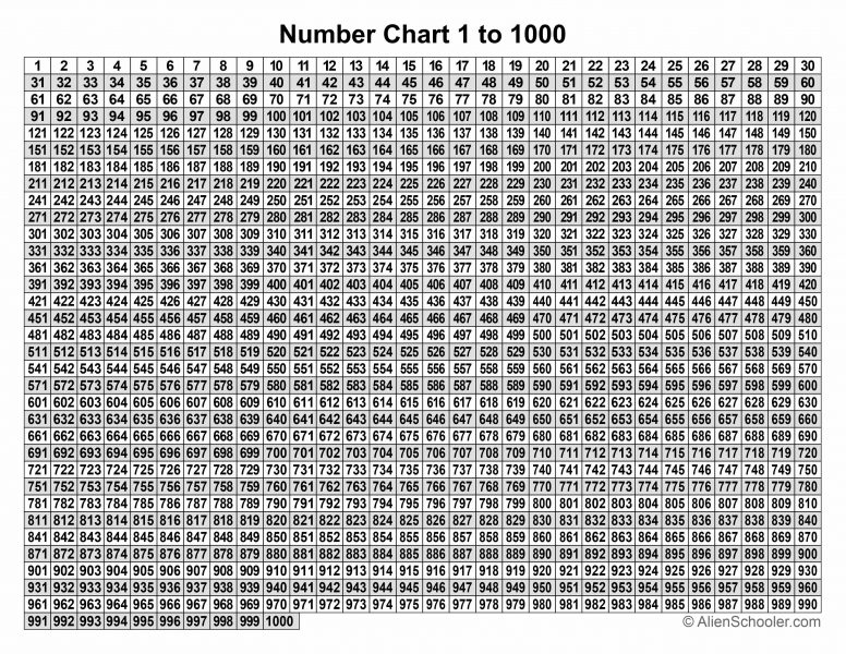Numbers 1-1000 Printable