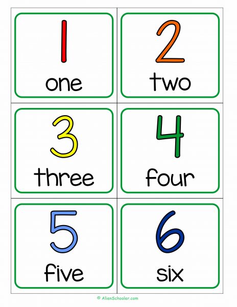 Number Flashcards Set, Numbers 1-6 with their names