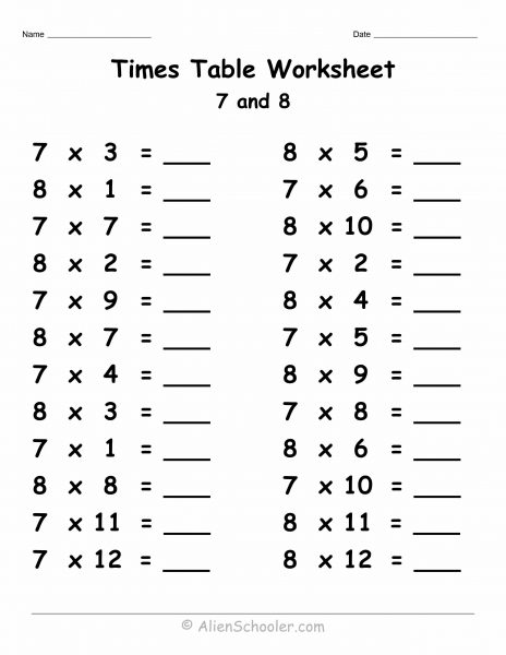 7 and 8 Times Tables Worksheet Printable - Alien Schooler