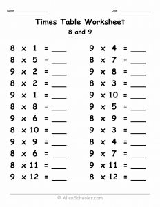8 and 9 Times Table Worksheet