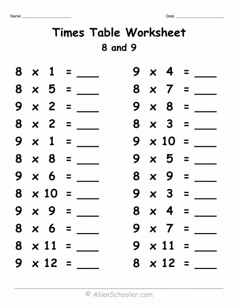 8 and 9 Times Table Worksheet