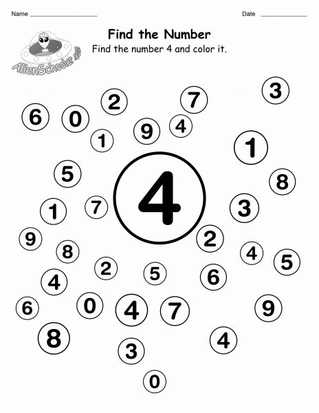 Number 4, Find and Color Numbers Worksheet