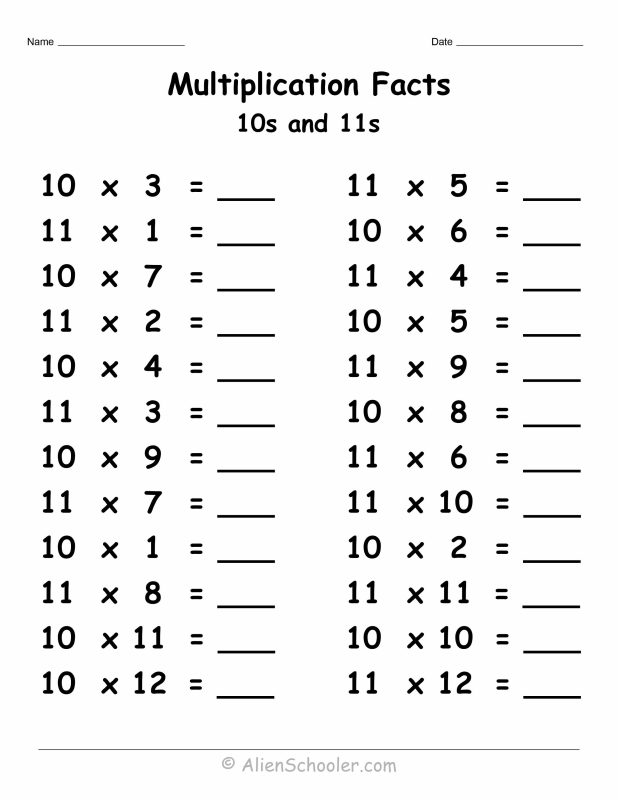 10 and 11 multiplication facts worksheet with 24 practice problems