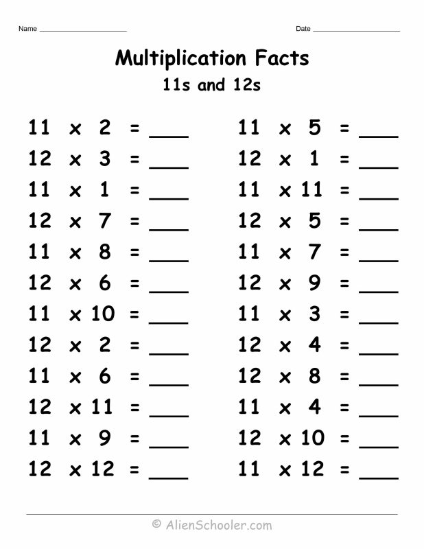 11 and 12 multiplication facts worksheet with 24 advanced practice problems for grade 4 students mastering final multiplication facts