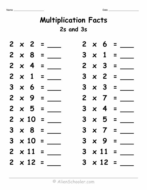 2 and 3 multiplication facts worksheet