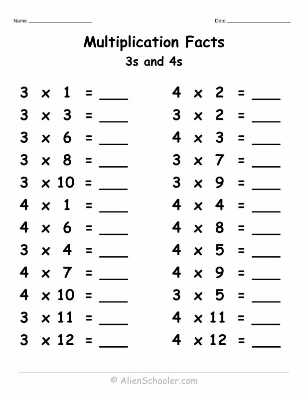 3 and 4 multiplication facts worksheet with 24 mixed practice problems for grade 2-3 students building multiplication fluency