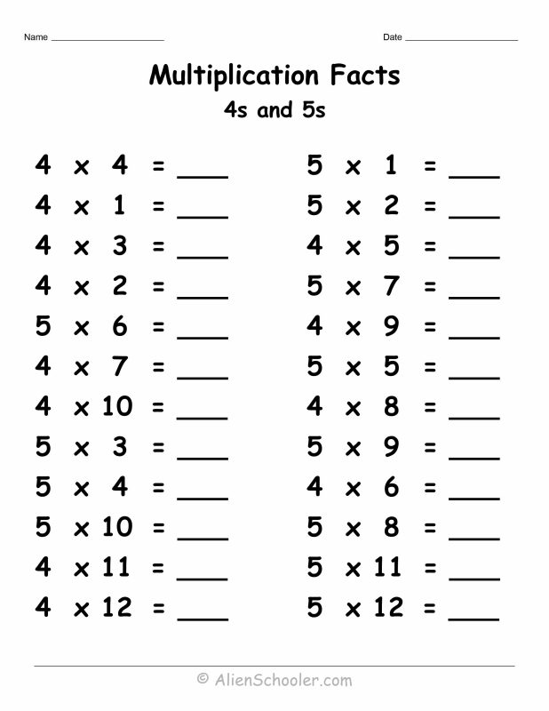 4 and 5 multiplication facts worksheet