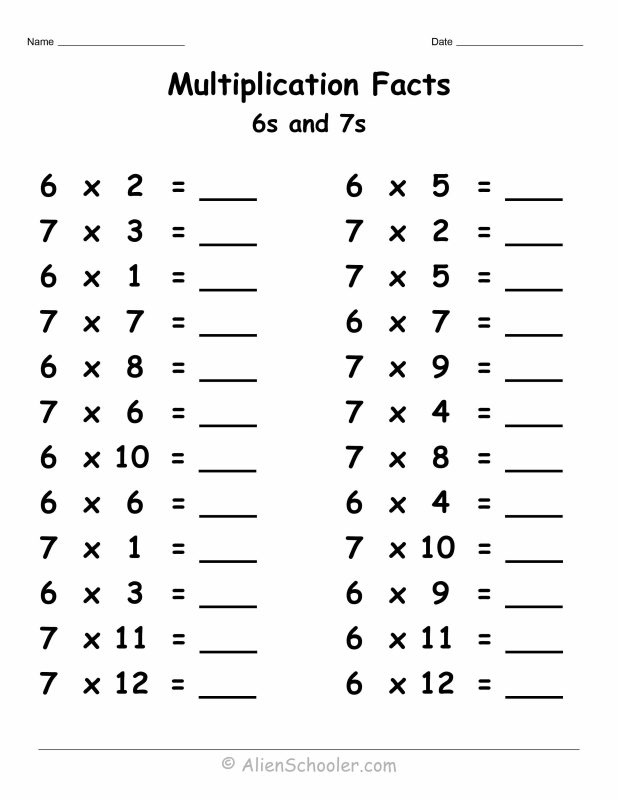 6 and 7 multiplication facts worksheet preview with 24 challenging practice problems