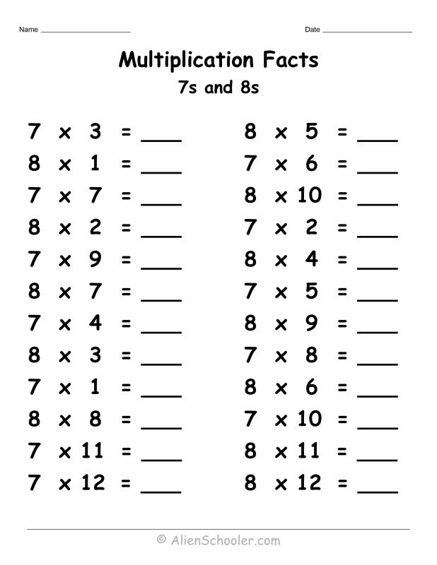 7 and 8 multiplication facts worksheet