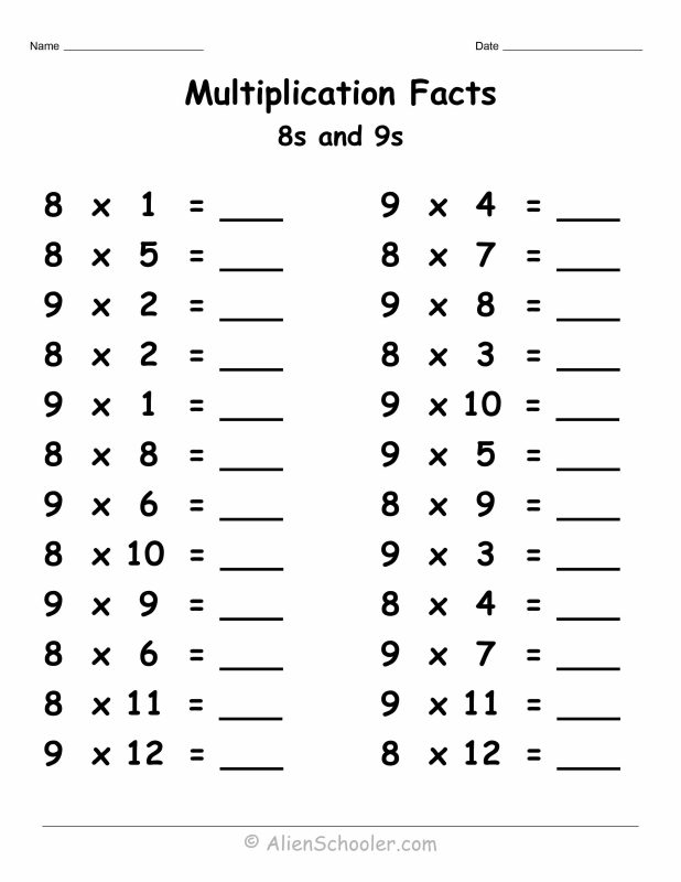 8 and 9 multiplication facts worksheet