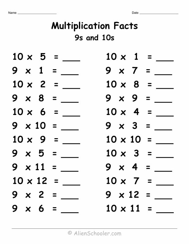 9 and 10 multiplication facts worksheet