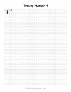 Tracing Number 4, Printable Worksheet