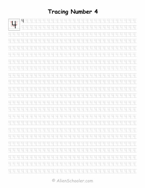 Tracing Number 4, Printable Worksheet