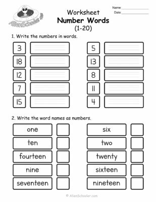 Number Words 1-20 Worksheet Printable