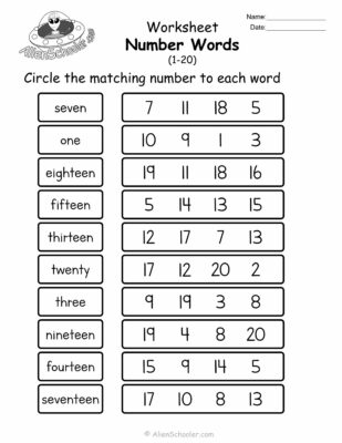 Circle the Matching Number, Number Words 1-20 Worksheet Printable