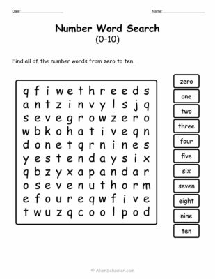 Numbers 0-10 Word Search