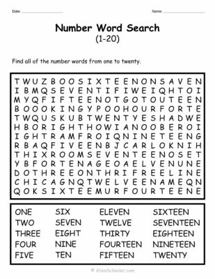 Numbers 1 to 20 Word Search