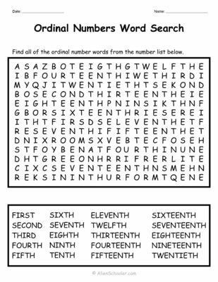 Ordinal Numbers Word Search Puzzle