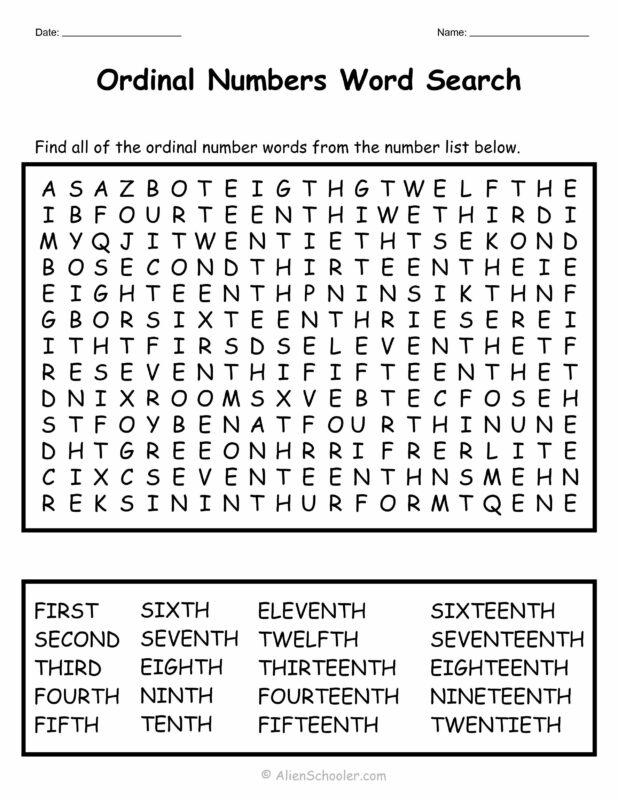 Ordinal Numbers Word Search Puzzle