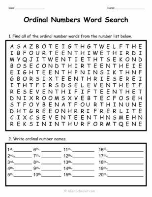 Ordinal Numbers Word Search Worksheet Activity
