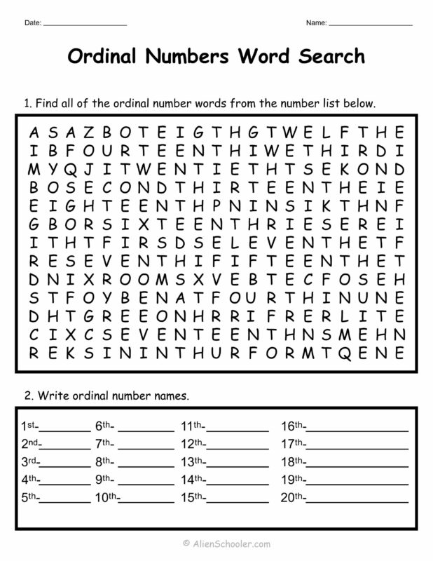 Ordinal Numbers Word Search Worksheet Activity