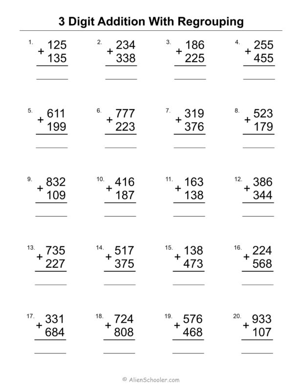 3 Digit Column Addition With Regrouping Worksheet Alien Schooler