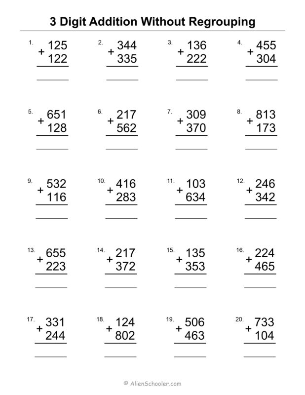 3 Digit Addition Without Regrouping Worksheet