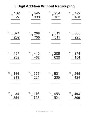 3 Digit Addition Without Regrouping Worksheet - 2nd Variation