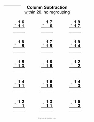 Column Subtraction Within 20 No Regrouping Worksheet