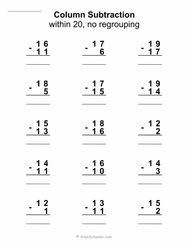 Column Subtraction Within 20 No Regrouping Worksheet