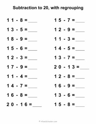 Subtraction up to 20 with regrouping worksheet