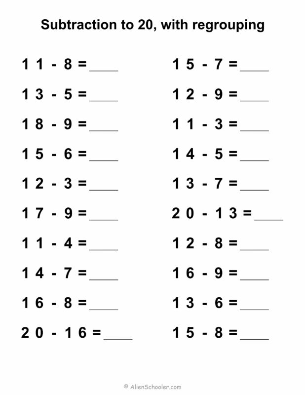 Subtraction up to 20 with regrouping worksheet