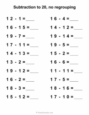 Subtraction up to 20, no regrouping