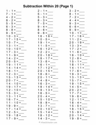 Subtraction Within 20 Worksheet (Page 1)