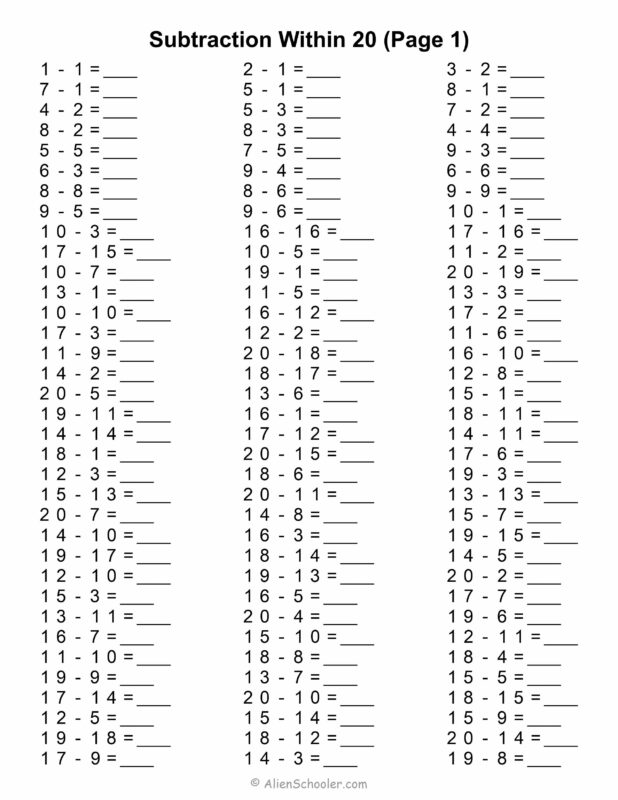 Subtraction Within 20 Worksheet (Page 1)