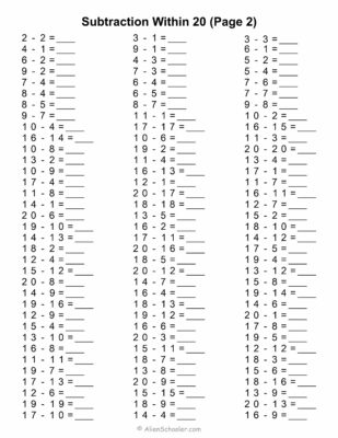 Subtraction Within 20 Worksheet (Page 2)