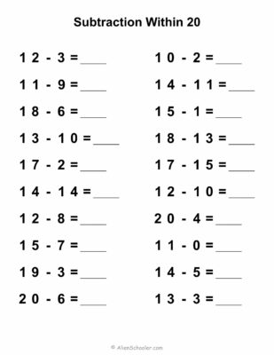 Subtraction Within 20 Worksheet Free Printable