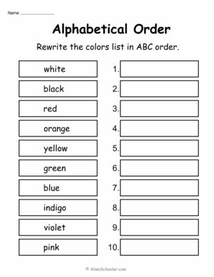 ABC Order Worksheet, Rewrite the Colors In ABC Order
