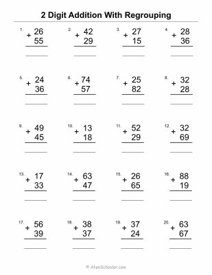 Add two 2-digit numbers in columns worksheet