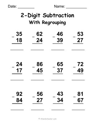 2-Digit Subtraction With Regrouping Worksheet Printable