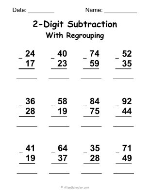 Subtraction Worksheet, Double-Digit Subtraction With Regrouping