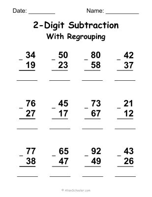 2-Digit Subtraction With Regrouping Worksheet (12 Questions)