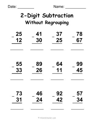 2-digit Subtraction Without Regrouping - Worksheet 1