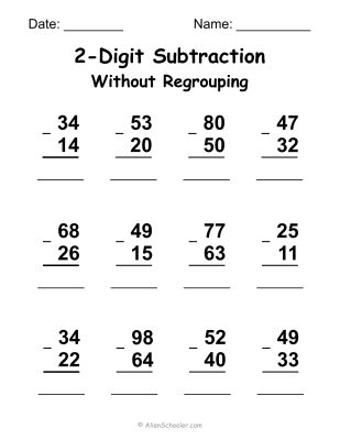 2-Digit Subtraction Without Regrouping Worksheet Printable