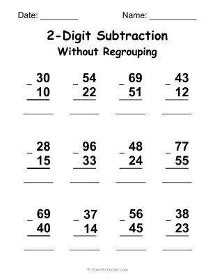 2 Digit Subtraction – Without Regrouping – Worksheet