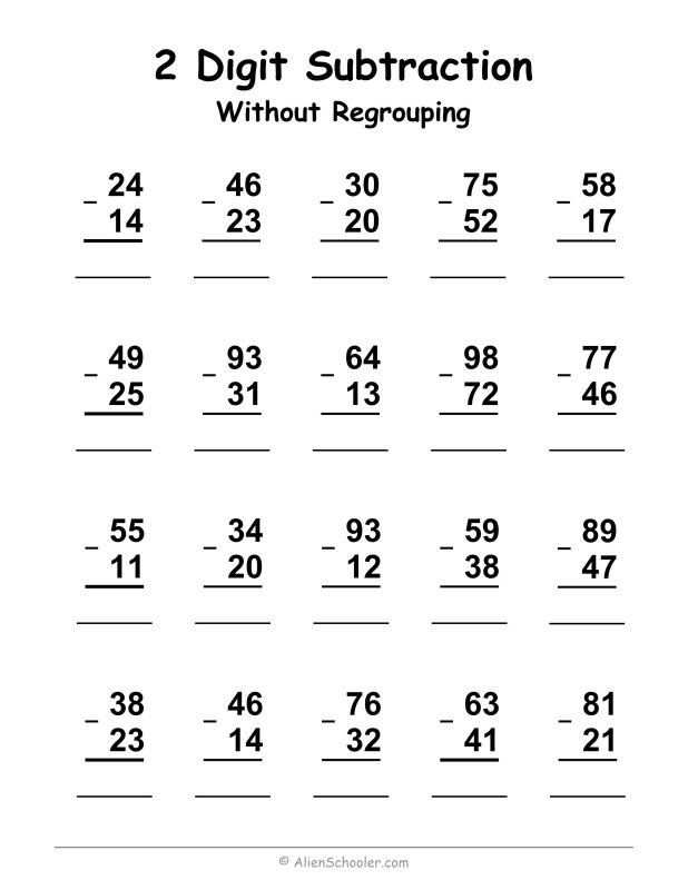 2-Digit Subtraction Without Regrouping - Worksheet 7 - Alien Schooler