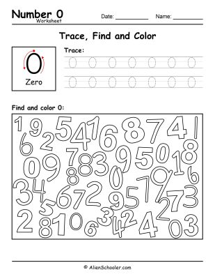 Number 0 - Trace, Find and Color Worksheet