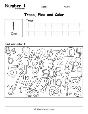 Number 1 - Trace, Find and Color Worksheet