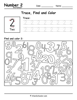 Number 2 - Trace, Find and Color Worksheet
